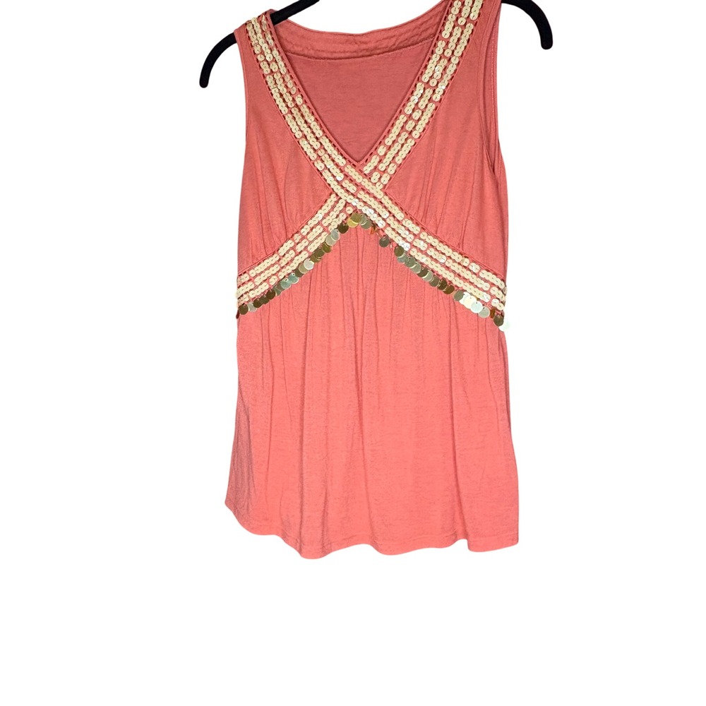 Peach Sleeveless Top with Gold Sequin Embellishments - Women's Medium